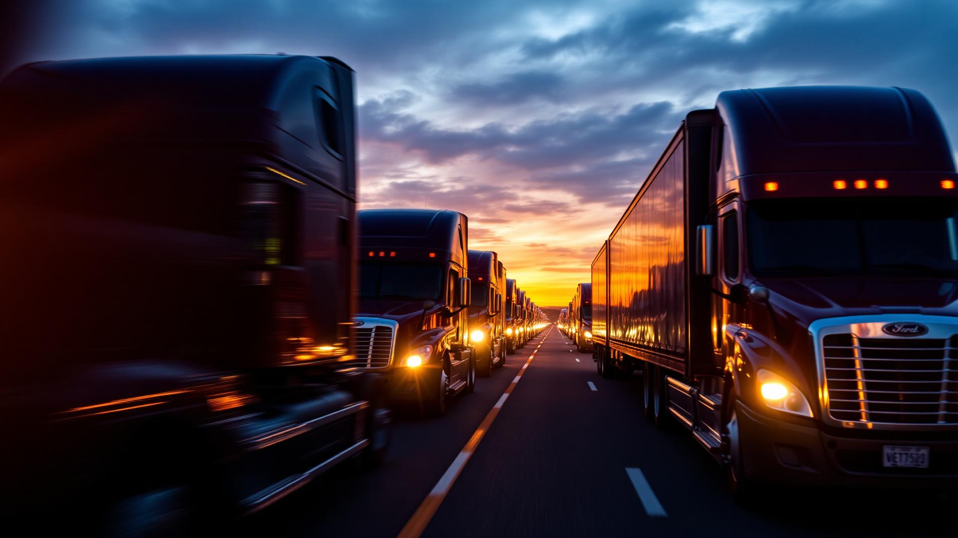 Fleet of semi trucks on a highway at dusk